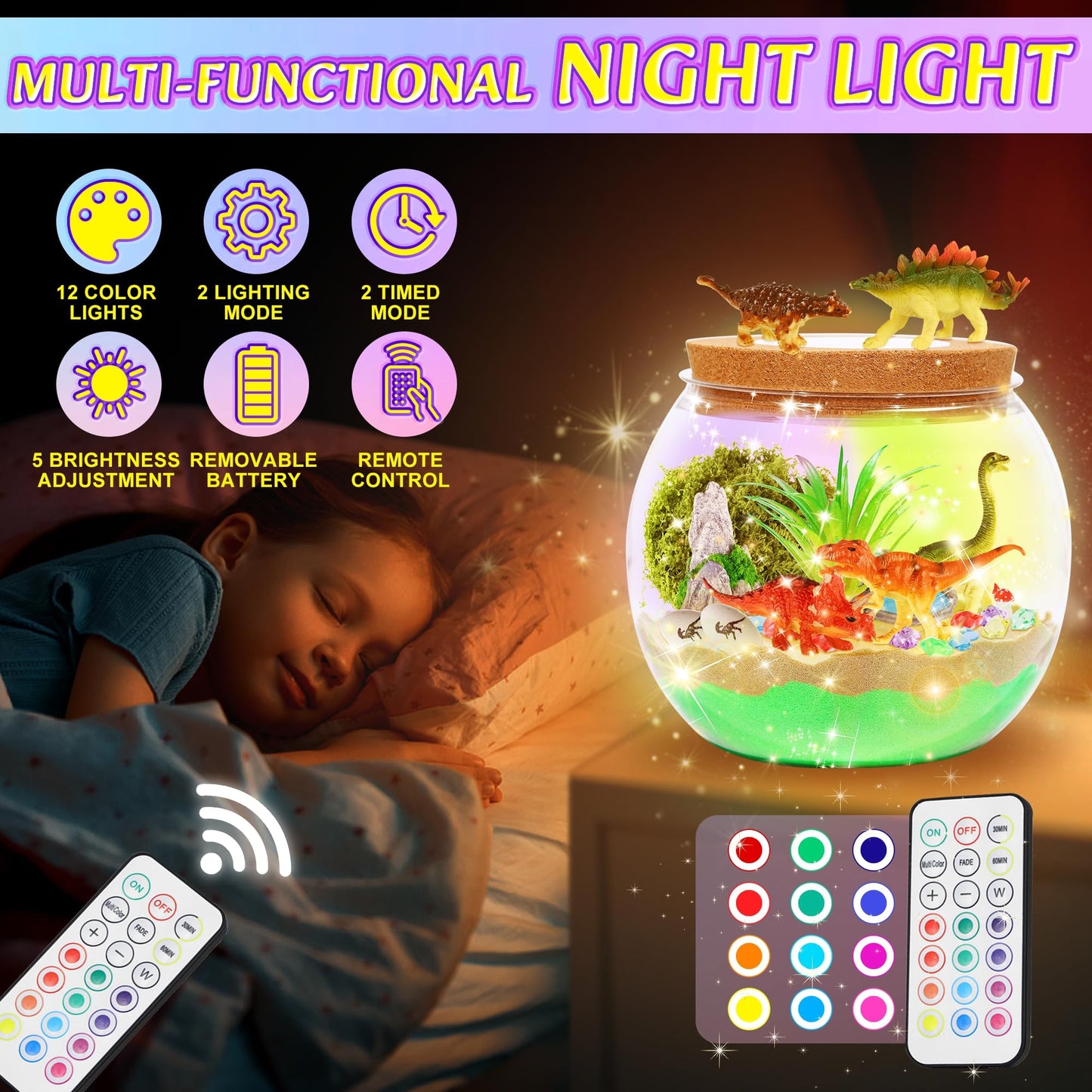 Gifmore Dinosaur Light Up Terrarium Kit for Boys Ages 4-12, DIY Dinosaur Crafts Toy Set, Birthday Presents for Kids Boys