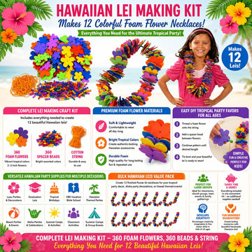 Fun Express Hawaiian Leis Bulk Lei Making Kit-Make 12 Colorful Foam Flower Necklaces for Luau Party Decorations |Tropical Hawaiian Party Favors & VBS