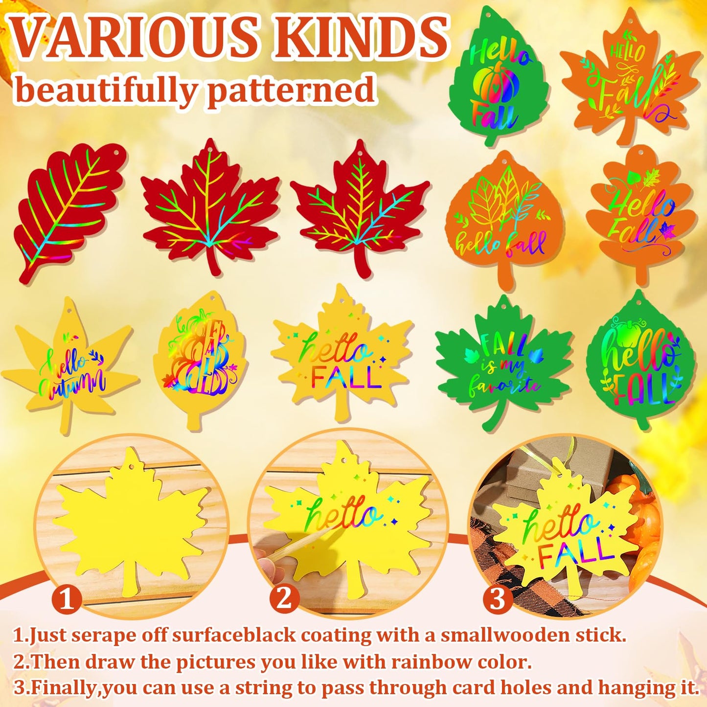 Sealmic 60 Packs Fall Scratch Art Harvest Rainbow Scratch Paper Art Set Thanksgiving Arts and Crafts Colorful Fall Leaves with Colored Ribbons Wooden