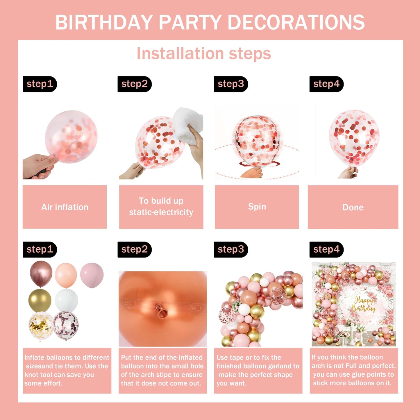 Rose Gold Floral Birthday Decorations for Women,Balloon Garland Kit, Pastel Nude Pink Metallic Matte White Balloons with Gold RoseGold Confetti