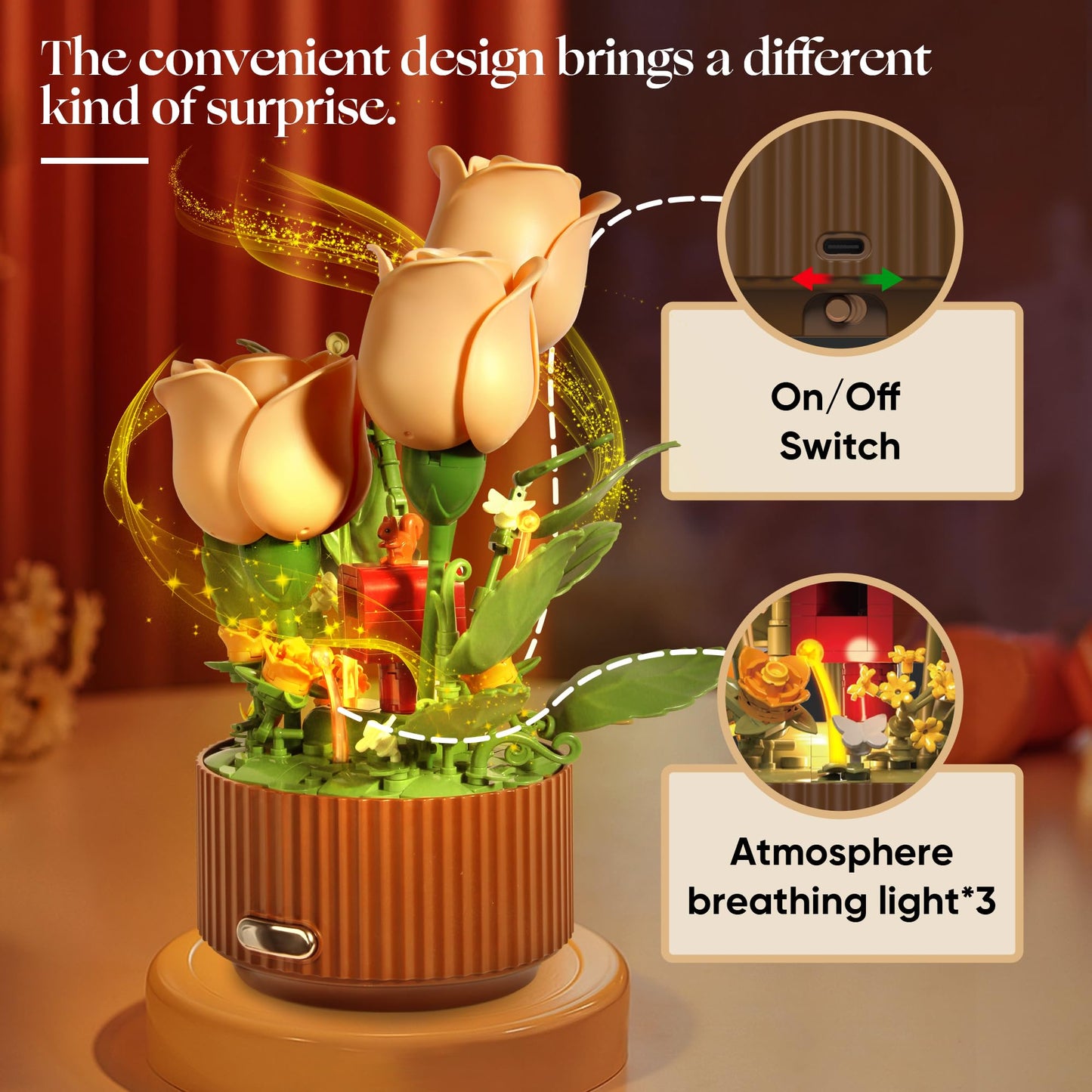 TekYetoi Magical Blooming Rose Building Set - Electric Moving Flowers Building Block with Realistic Watering Sound & LED Lights, Unique Birthday