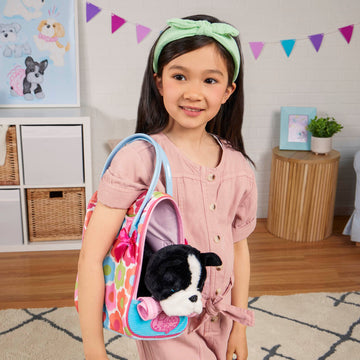 Pucci Pals Plush Puppy Dog Carrier Set, Floral Glam Bag, Boston Terrier