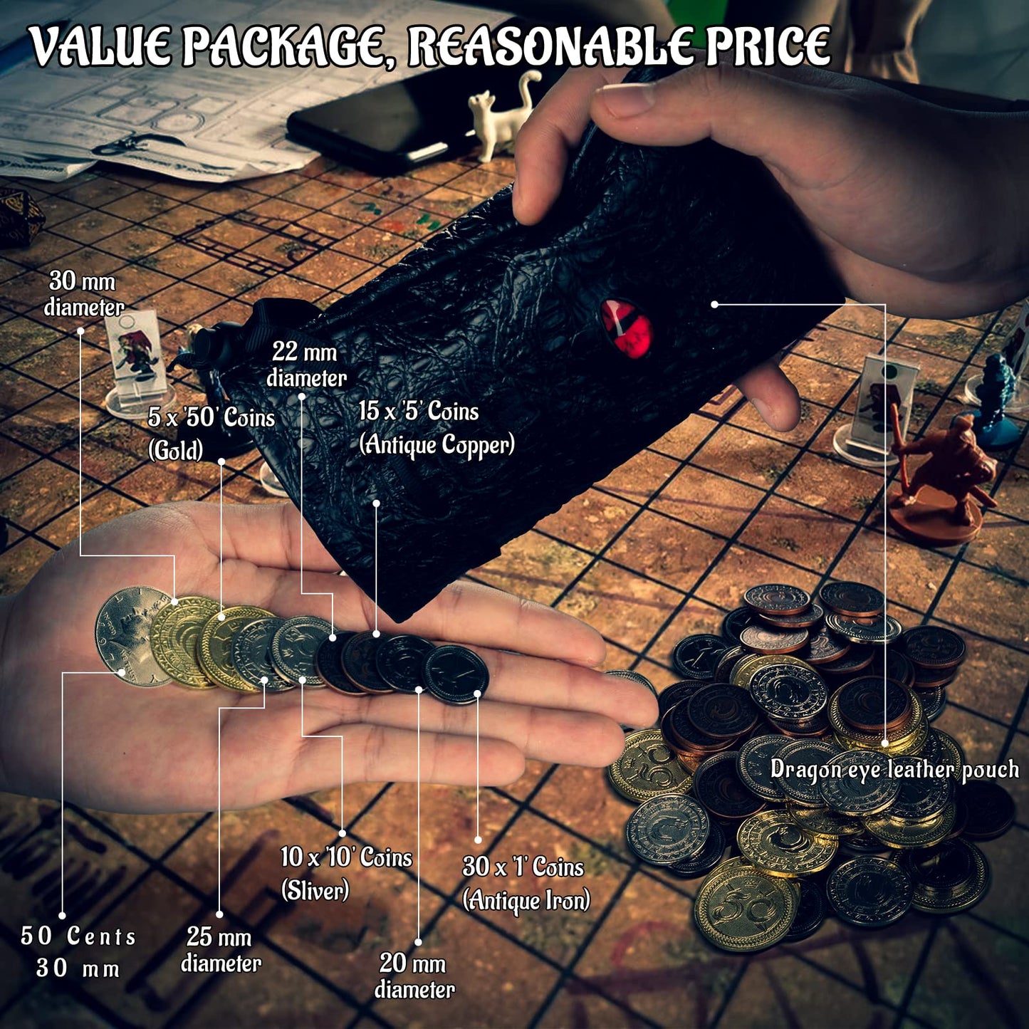 CZYY Metal Game Coins Set, 60 Fantasy Currency Tokens with Leather Pouch