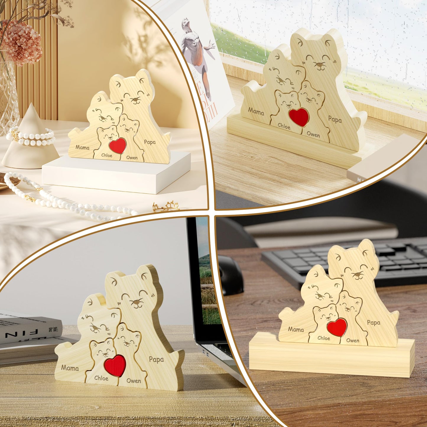 Personalized Wooden Cat Family Puzzle with 2-5 Name, Laser Engraving Custom Cats Family Member Names Puzzle Home Gifts, Christmas Housewarming Home