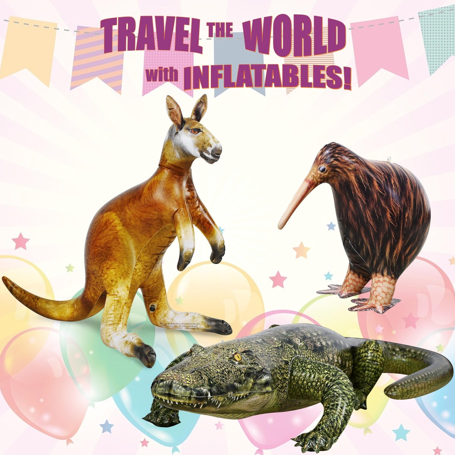 Jet Creations Life on Earth Wildlife Safari Inflatable, 3-PK, Kangaroo, Kiwi Bird, Alligator, Realistic Animals for Party Decoration, Pool, Birthday