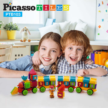 Picasso Toys PTB103 Alphabet & Numerical Train 103pc Hedgehog Block Shape Blocks Building Tiles Set Construction Learning Toy Stacking Educational