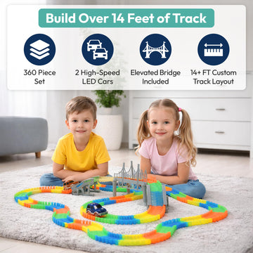 Play Build Speed Tracks Flexible Race Track Set - 360 Piece Bendable Glow in The Dark Race Track for Kids with 2 LED Toy Race Cars & Bridge - 14+ Ft