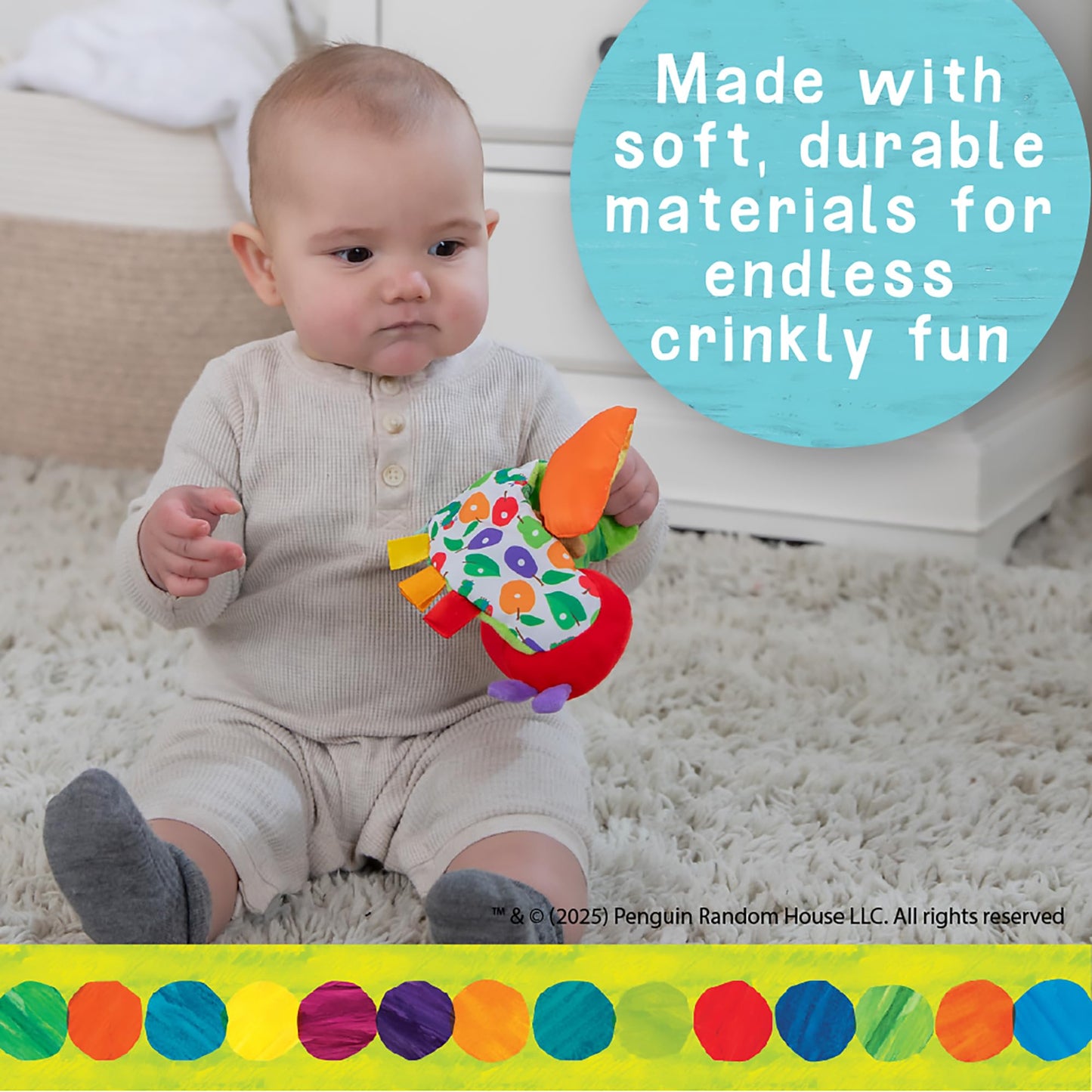 Kids Preferred Eric Carle Toddler Toys The Very Hungry Caterpillar Sensory Toy with Crinkle Orange Slice and Teether Ring for Car Seat and Stroller