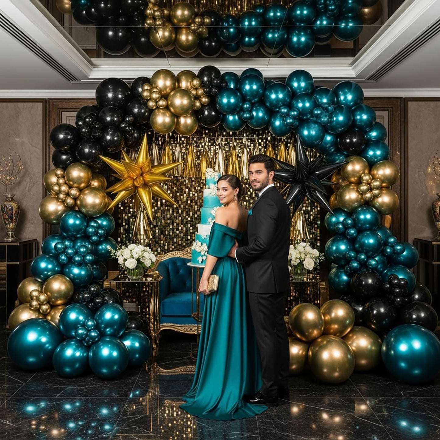 Chrome dark Teal and gold black Balloon Garland Kit 170Pcs Double-Stuffed Navy Teal Blue With Starburst Balloons for Birthday Luxury shop happy grad