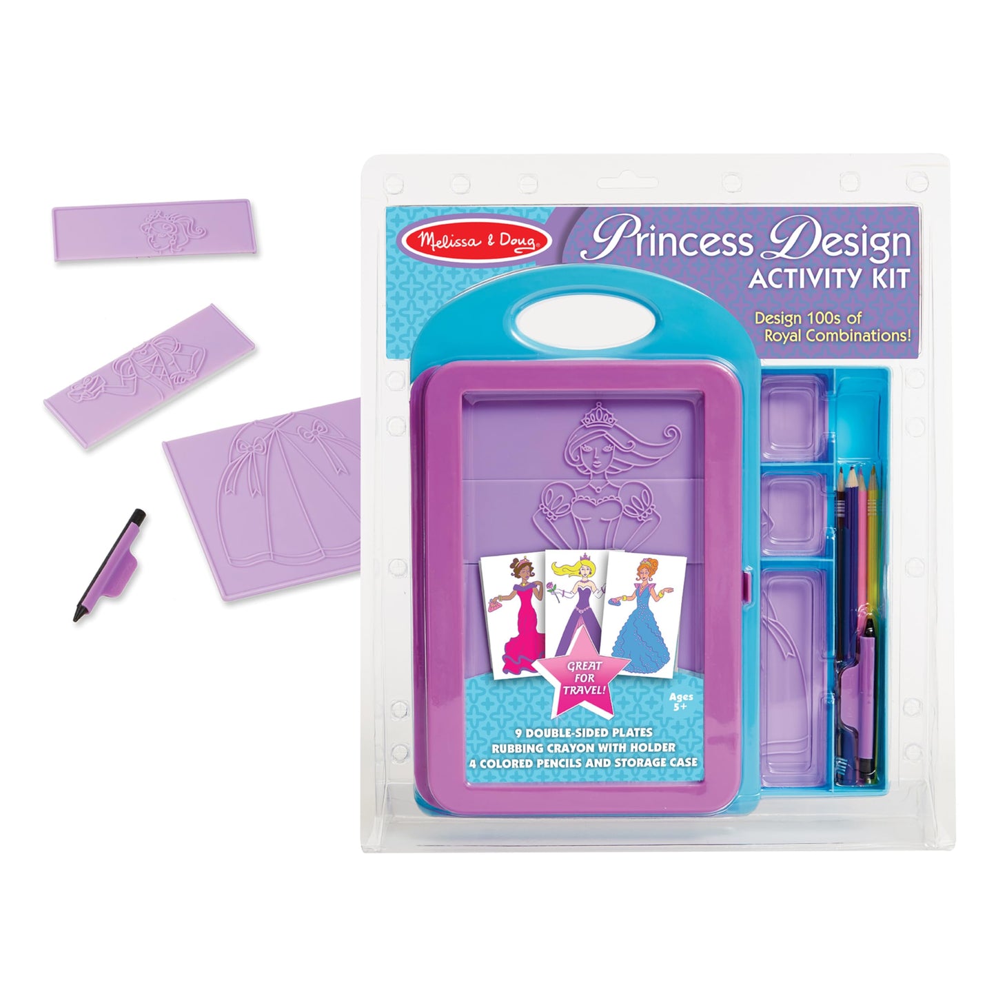 Melissa & Doug Princess Design Activity Kit - 9 Double-Sided Plates, 4 Colored Pencils, Rubbing Crayon