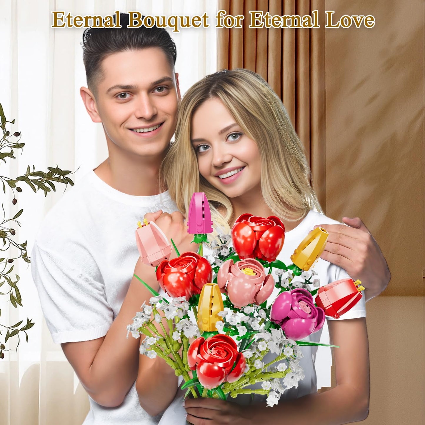 GoStock Flower Bouquet Building Set, Rose Home Plant Decor, Artificial Flowers Botanical Collection Block Toy for Valentine Birthday Gifts Adults