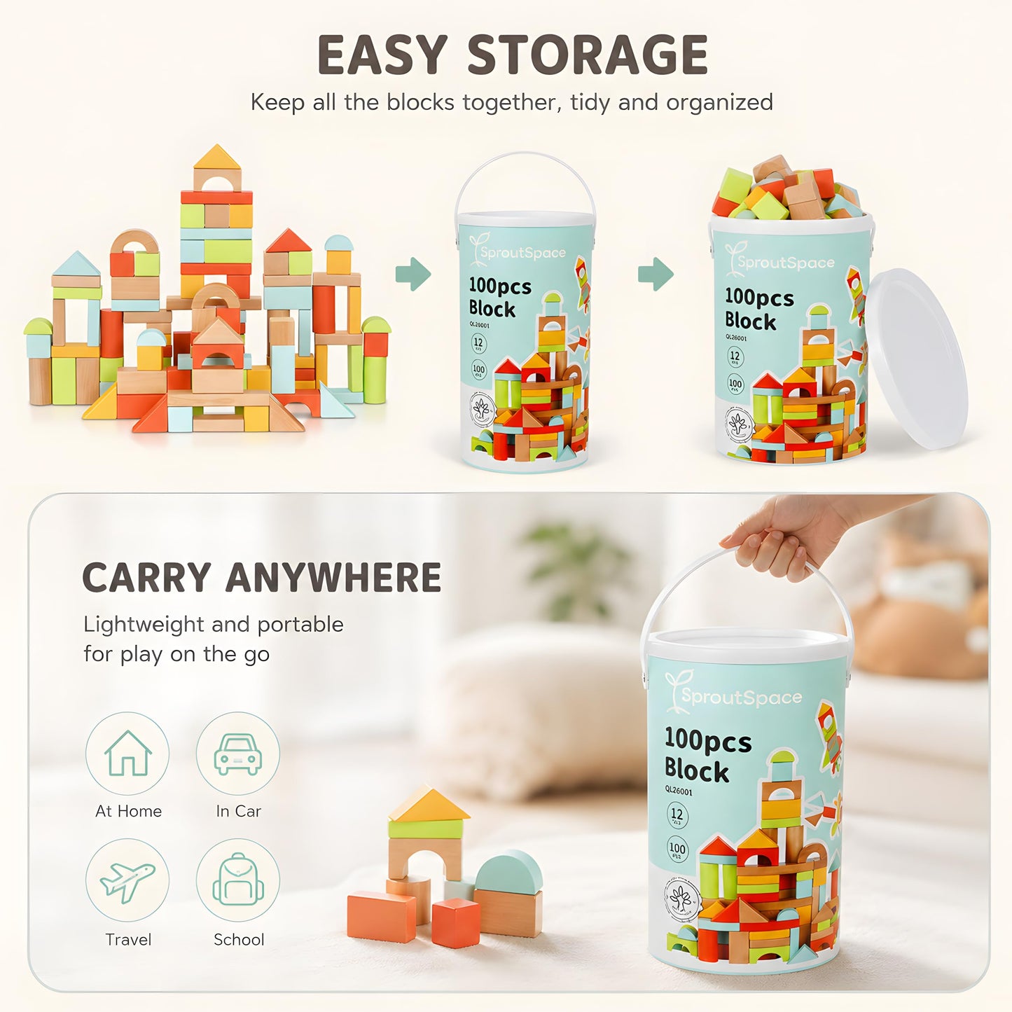 SproutSpace 100pcs Building Blocks for Toddlers 1-3, Wooden Blocks for Kids with Storage Bucket and Shape Sorter, Stacking Toys or 1 2 3 Year Old