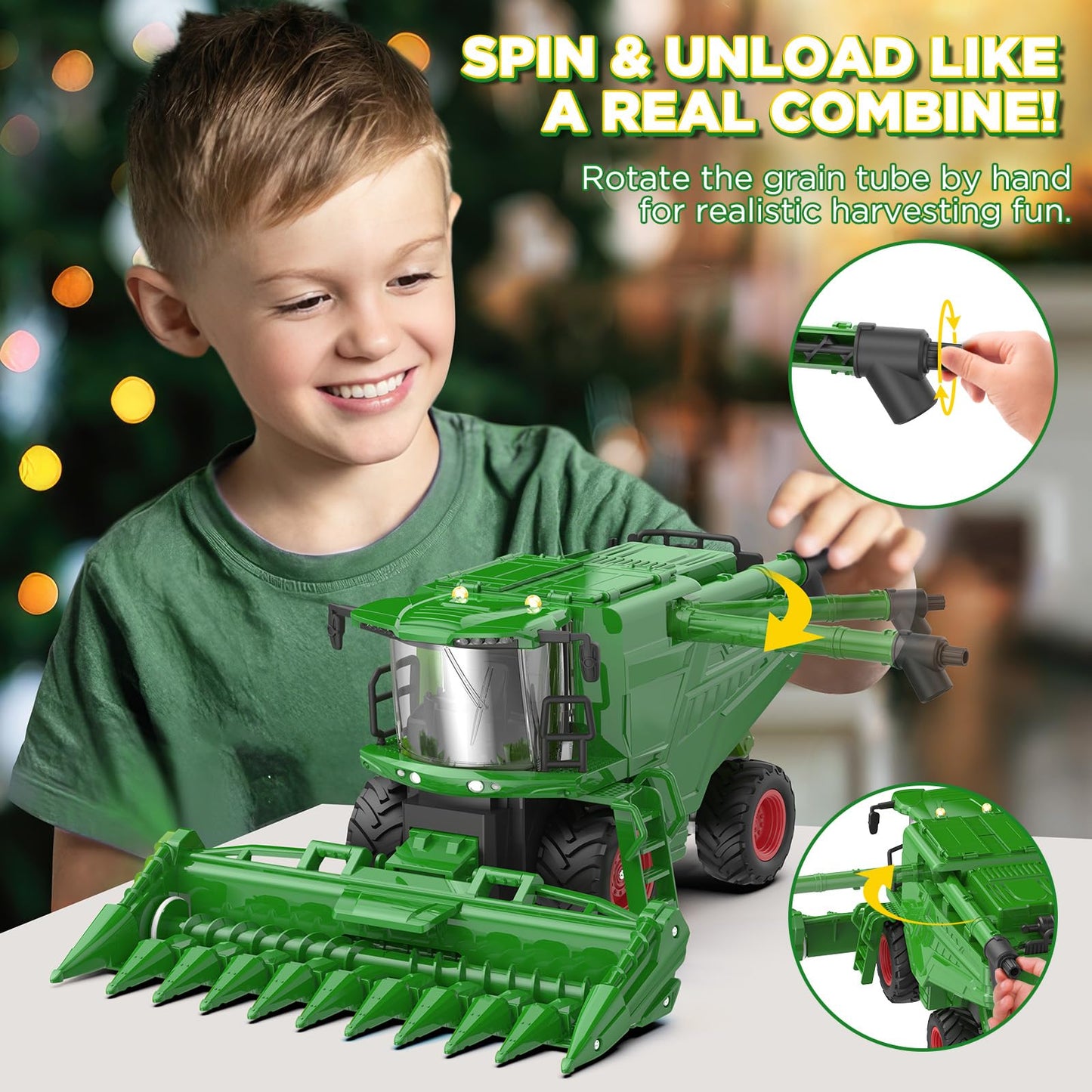 Uarzt Remote Control Combine Harvester Tractor Toy with Corn Head, RC Tractor Toys for Kids 3+, Light/Spray/Sound/1/24 Scale, Farm Toy Combine