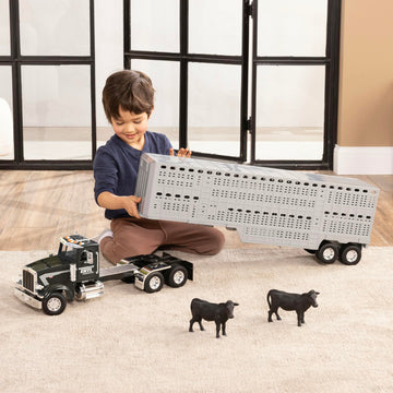 Tomy Big Farm Peterbilt Semi Truck - 1:16 Scale - Includes Livestock Trailer and 4 Cows - Durable Truck Toy with Lights and Sounds, Opening Doors