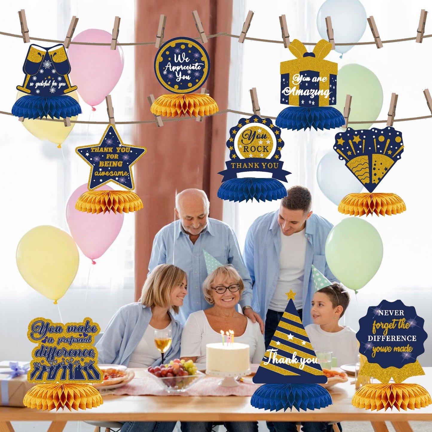 WINPOGEE 9PCS We Appreciate You Honeycomb Centerpieces Blue Gold Glitter Thank You Table Centerpieces Table Topper Decor Teacher Doctor Nurse Employee