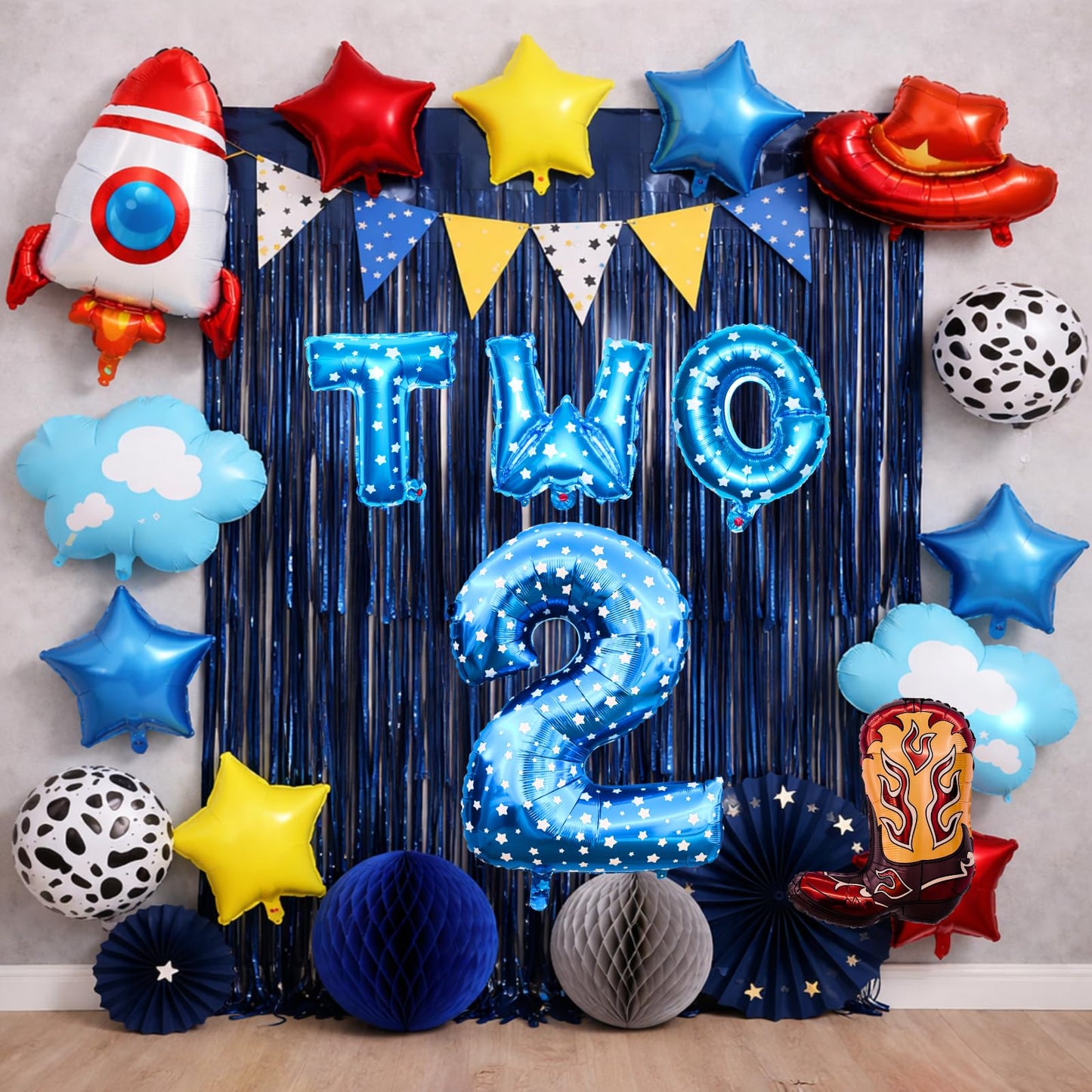Toy Themed Story Birthday Decoration Balloon Set,Cartoon Style Birthday Rocket,Cowboy Hat,Boots,Clouds,Star Patterns, For kid Party Supply (2nd-Two