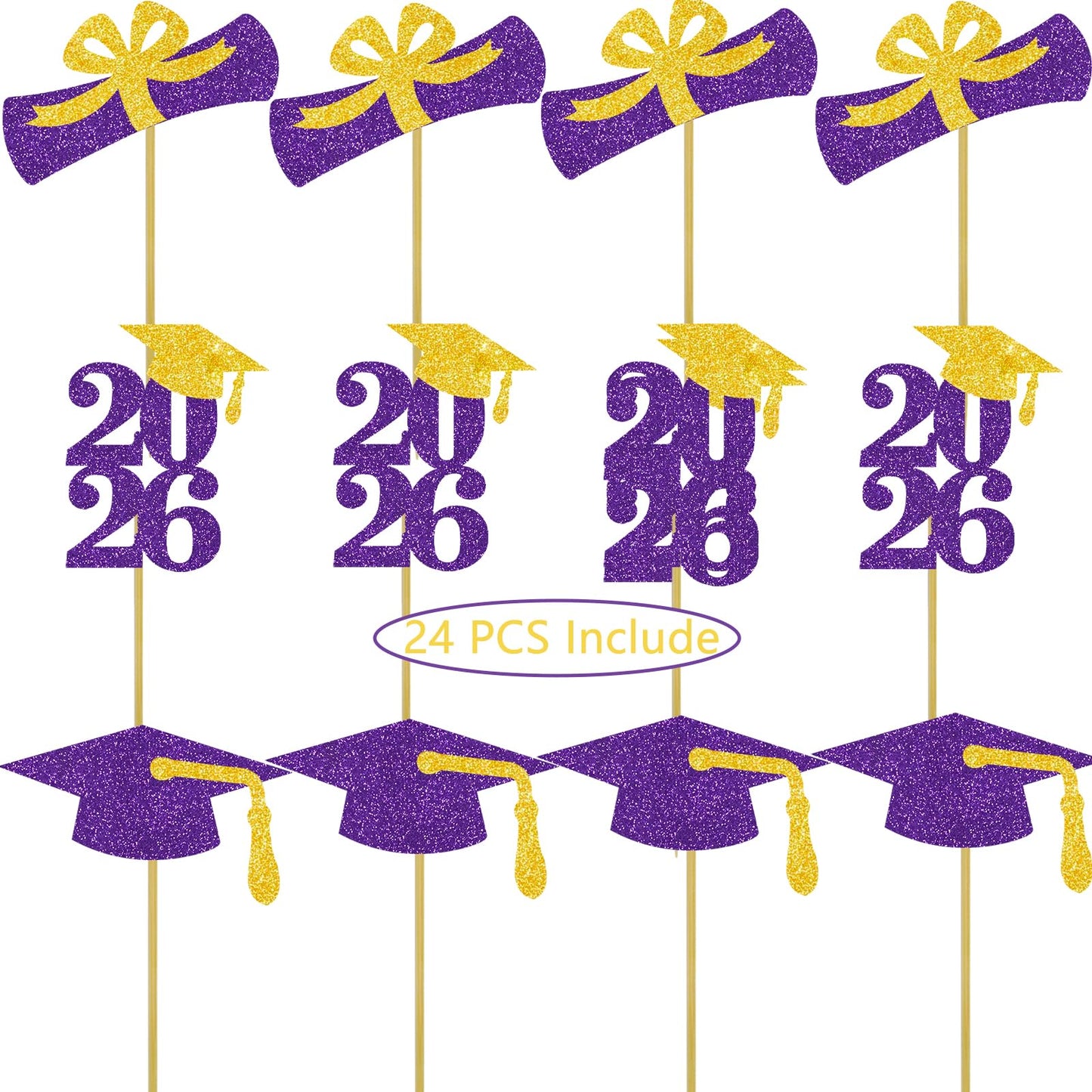 Graduation Cupcake Toppers Grad Party Decoration Food Picks Congrats Glitter Diploma Cap School Colors Supplies 24 PCS Purple Gold