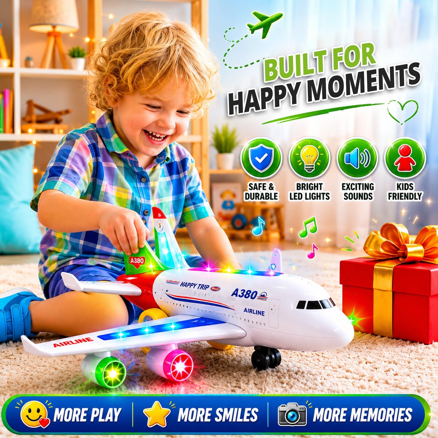 Toysery Airbus A380 Bump and Go Airplane Toy, Lights & Sounds, Ages 3-12