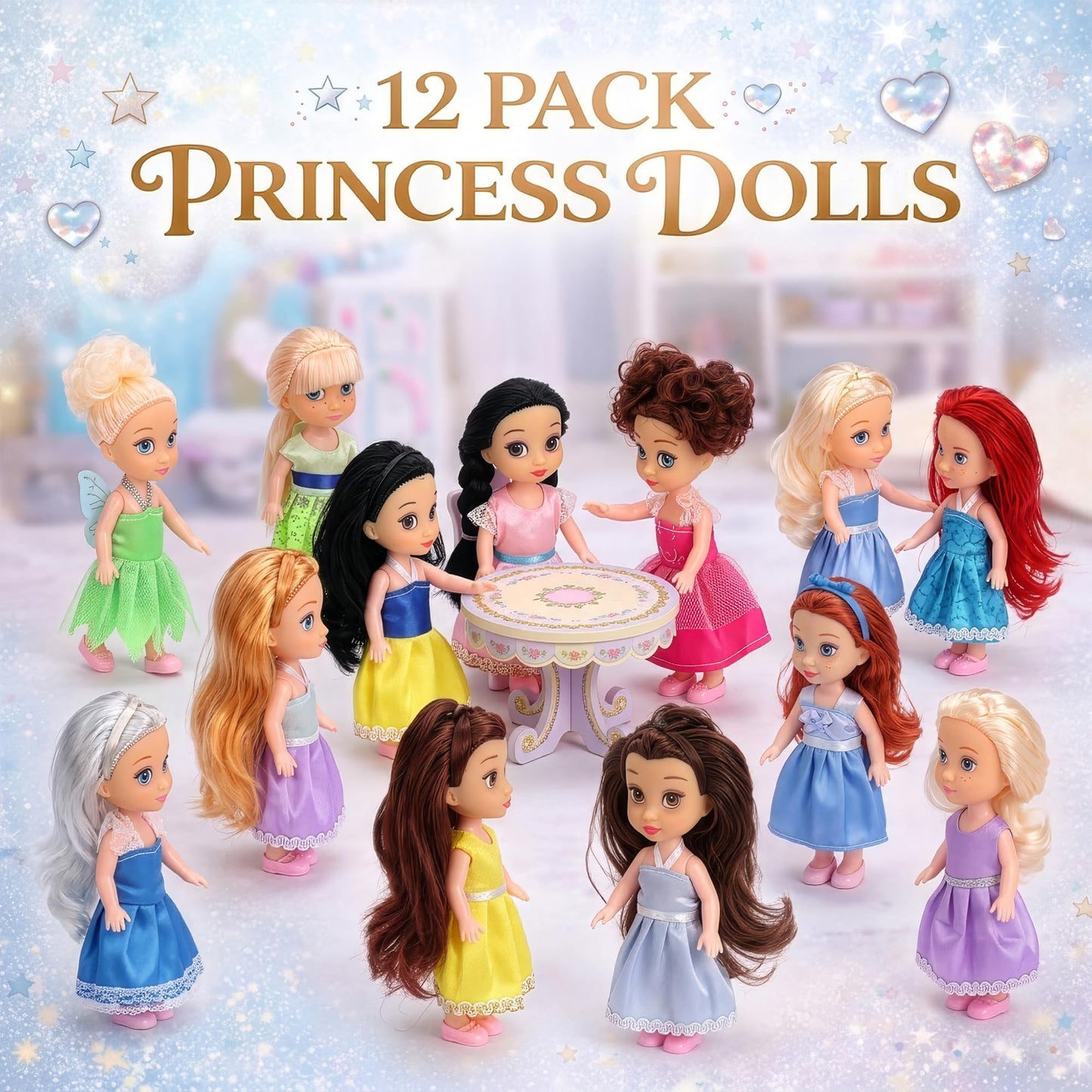 Liberty Imports 12 Pack Little Royal Princess Dolls - Mini Pocket Size Toddler Toys Fantasy Pretend Play Set with Dress, Accessories for Kids, Girls