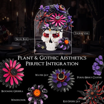 Skull Flower Bouquet Building Set, Wildflower Botanical Collection Kit for Adult Women, Horror Gothic Skeleton Decor for Goth Home Table Art Decor
