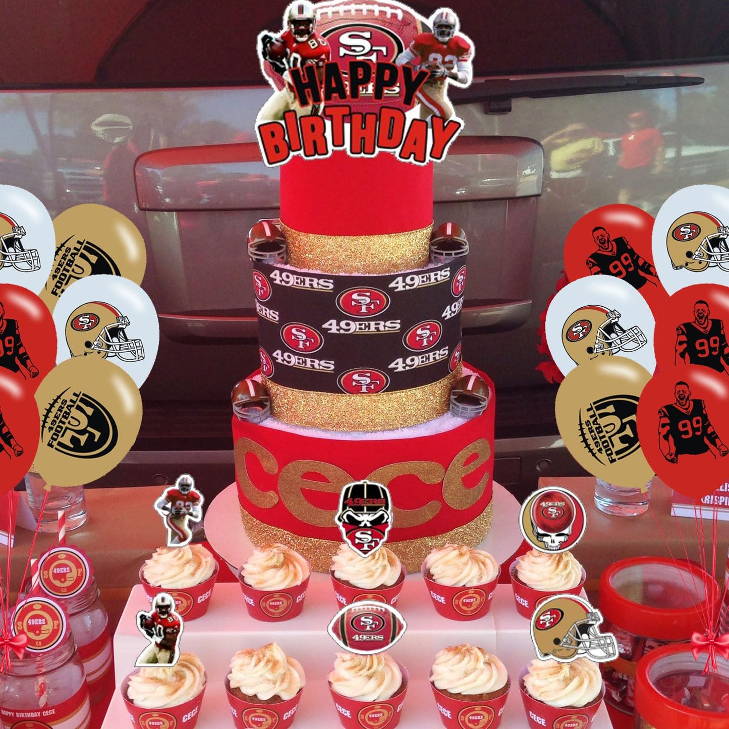 49ers Party Decorations,San Francisco Birthday Party Supplies Includes Banner- Cake Topper - 24 Cupcake Toppers - 18 Balloons