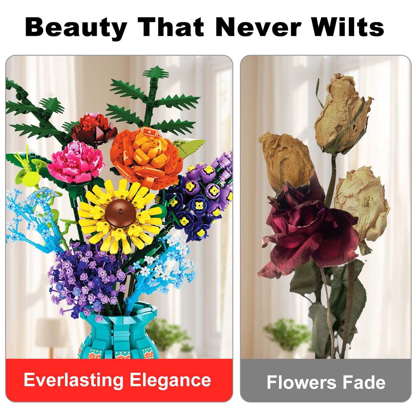 Flowers Bouquet Building Set for Adults, Wildflowers Icon Flowers Botanical Collection Kits Compatible with Lego Flowers, Valentines Flowers Sets