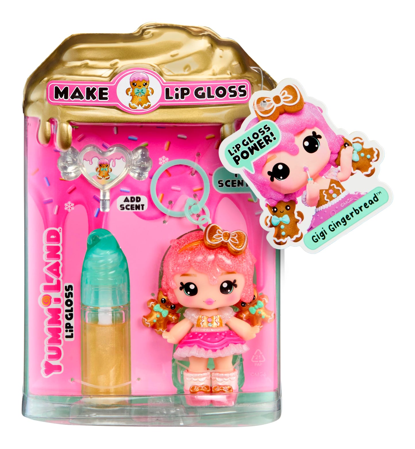 Yummiland x Holiday Lip Gloss Doll - Gigi Gingerbread Includes DIY Lip Gloss + Keychain, Cosmetic Play, Seasonal Holiday Collectible, Gift, Ages 4+