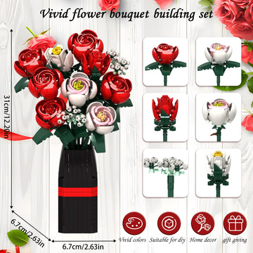Roses Flower Bouquet Building Set, Red Rose Botanical Collection Kit with Vase for Adults Women, DIY Artificial Flower Bouquet Set for Home Office