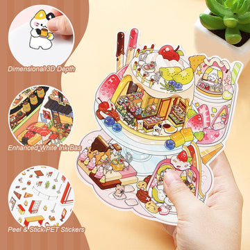 ZSYTZL 4 Sheets 3D DIY Stickers Scene, Cute Miniature Global Food Sticker Waterproof Quiet Book with Tweezers Decorating Phones Handbooks Bottle