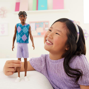 Barbie Fashionistas Style Ken Doll #253 with Brown Hair, Wearing Lavendar Shorts with Turquoise and Lavender Argyle Shirt, White Shoes