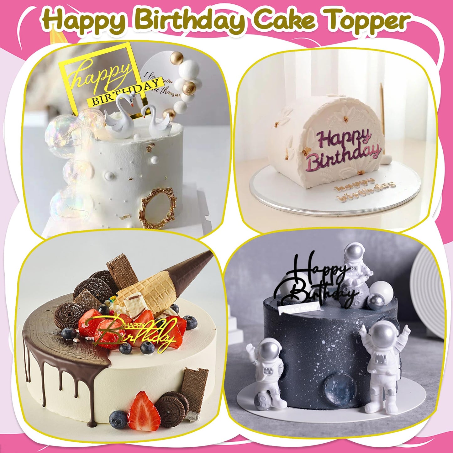 40 PCS Happy Birthday Cake Toppers Mirror Acrylic Toppers with 10 Styles 4 Colors for Birthday Party Cake Desserts Pastries