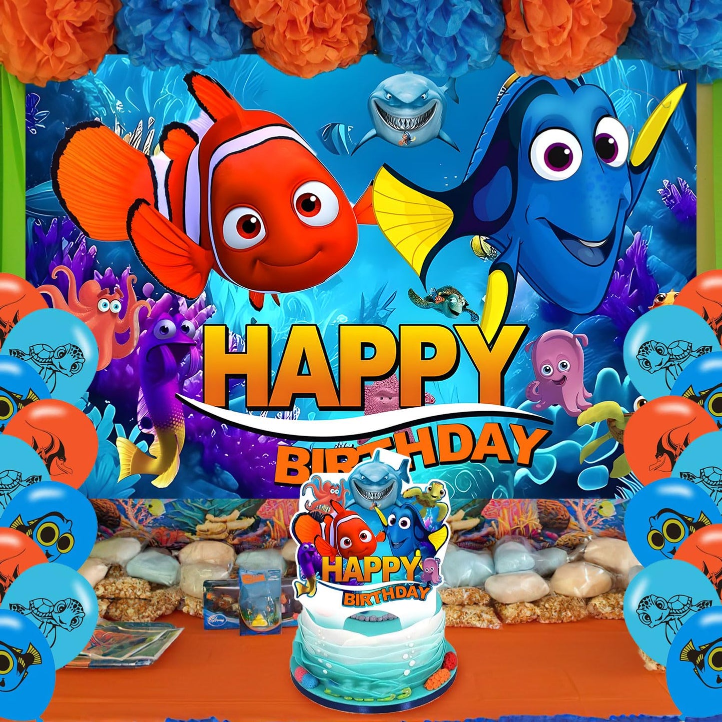 Finding Nemo Birthday Party Backdrop and Decoration Cartoon Ocean Cake Topper Banner Shoot Photo Background Props for Boy Band Boys and Girls - 5x3ft