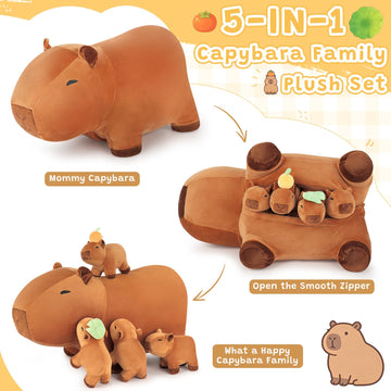 Achwishap 5PCS Capybara Plush Family Set, Capybara Stuffed Animal with Mommy & 4 Babies, 18” Soft Huggable Plushie Cute Pillow Toys Decor, Birthday