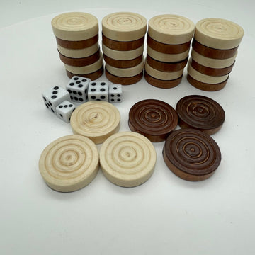 30 Pieces Wooden Backgammon Checkers Replacement set Checker Board Games Playing Game Chips with 5 Dice , High quality come with Drawstring Storage