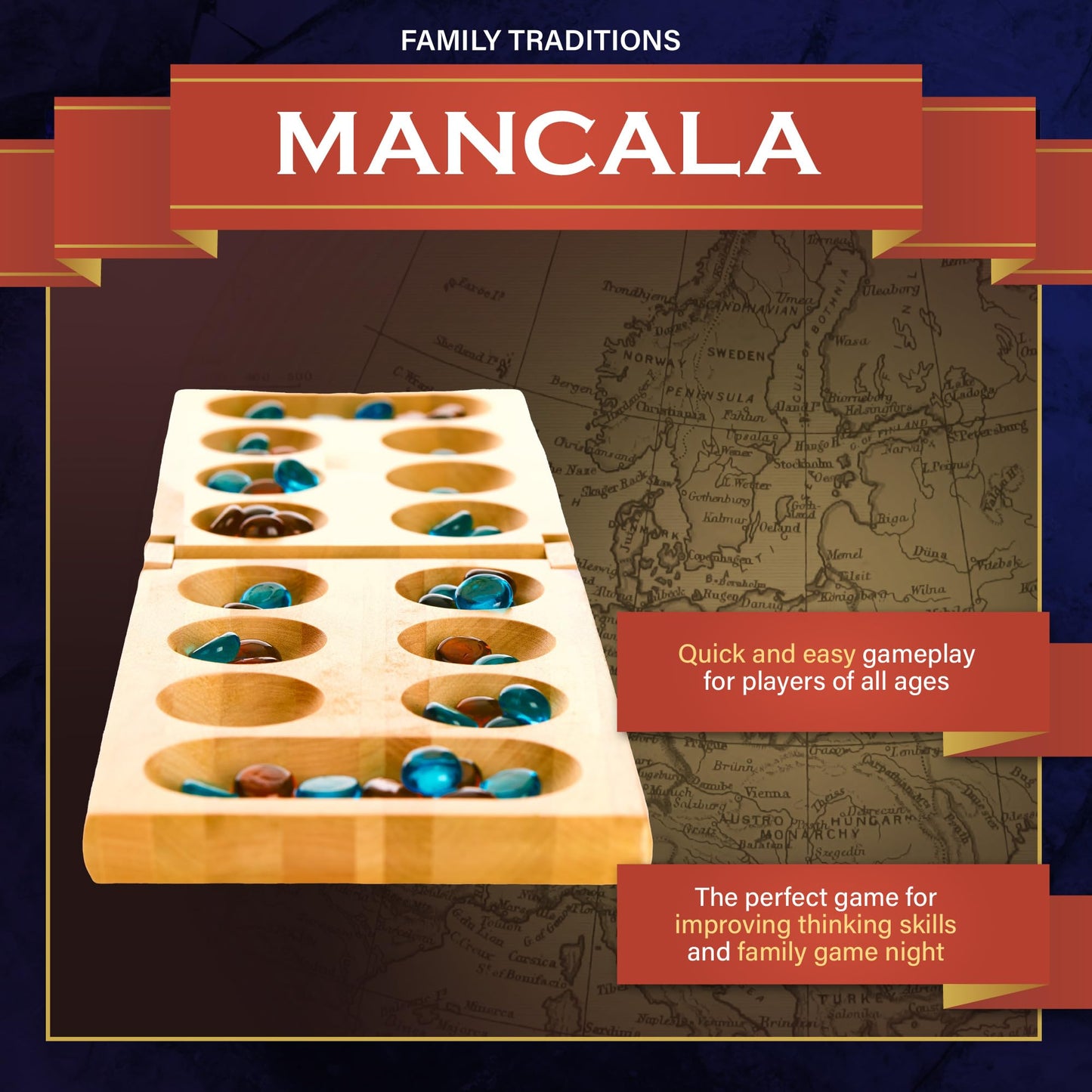 Family Traditions Mancala 2 Player Board Game, Fun Classic Table Game with Wooden Board and Deep Pockets for Mancala Gems, Popular Strategy Game