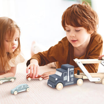 SPEEDY MONKEY Wooden Car Transporter Truck Toy Double Deck Carrier Set