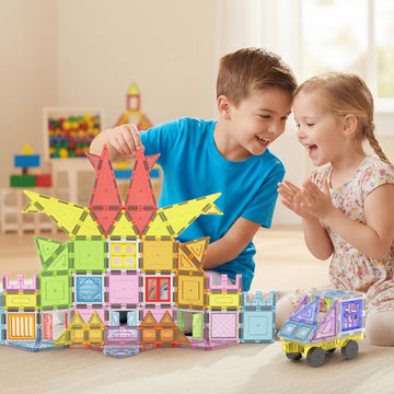 PicassoTiles 100PC Full Size & Travel Magnetic Tile Playset with Toy Bag