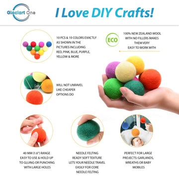 Glaciart One Felt Balls, Wool Pom Poms (10 Pieces) 4 Centimeters - 1.6 Inch, Handmade Felted 10 Colors (Red, Blue, Orange, Yellow, Green, Pink