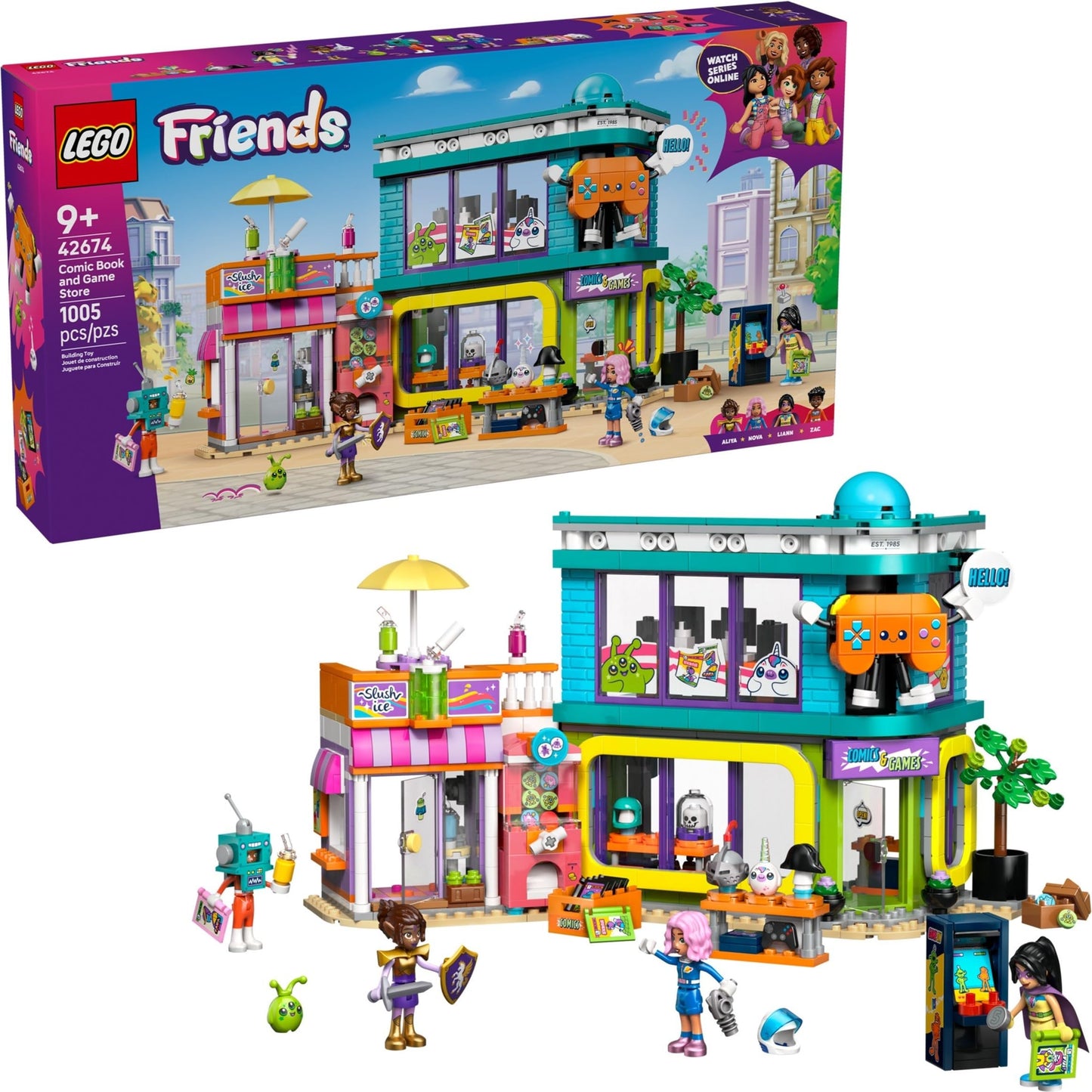 LEGO Friends 42674 Comic Book & Game Store Building Set - Toy Shop Playset with Mini-Dolls & Accessories, Creative City Roleplay Gift for Kids Ages 9+