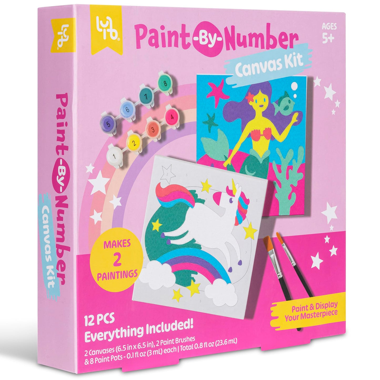 Little Yellow Bicycle: Unicorn & Mermaid Paint-By-Number Canvas Kit - All-in-1 Art Set, Magical Paintings, 8 Non-Toxic Paint Pots, 2 Brushes, Kids 5+