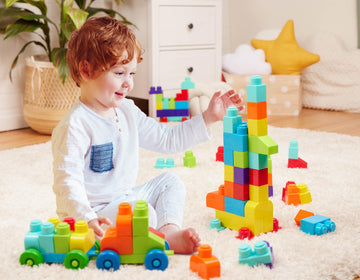 Battat - Large Building Blocks - 80 Colorful Pieces - 8 Wheel Bricks - Zippered Storage Bag - 12 Months + - Bag o' Blocks