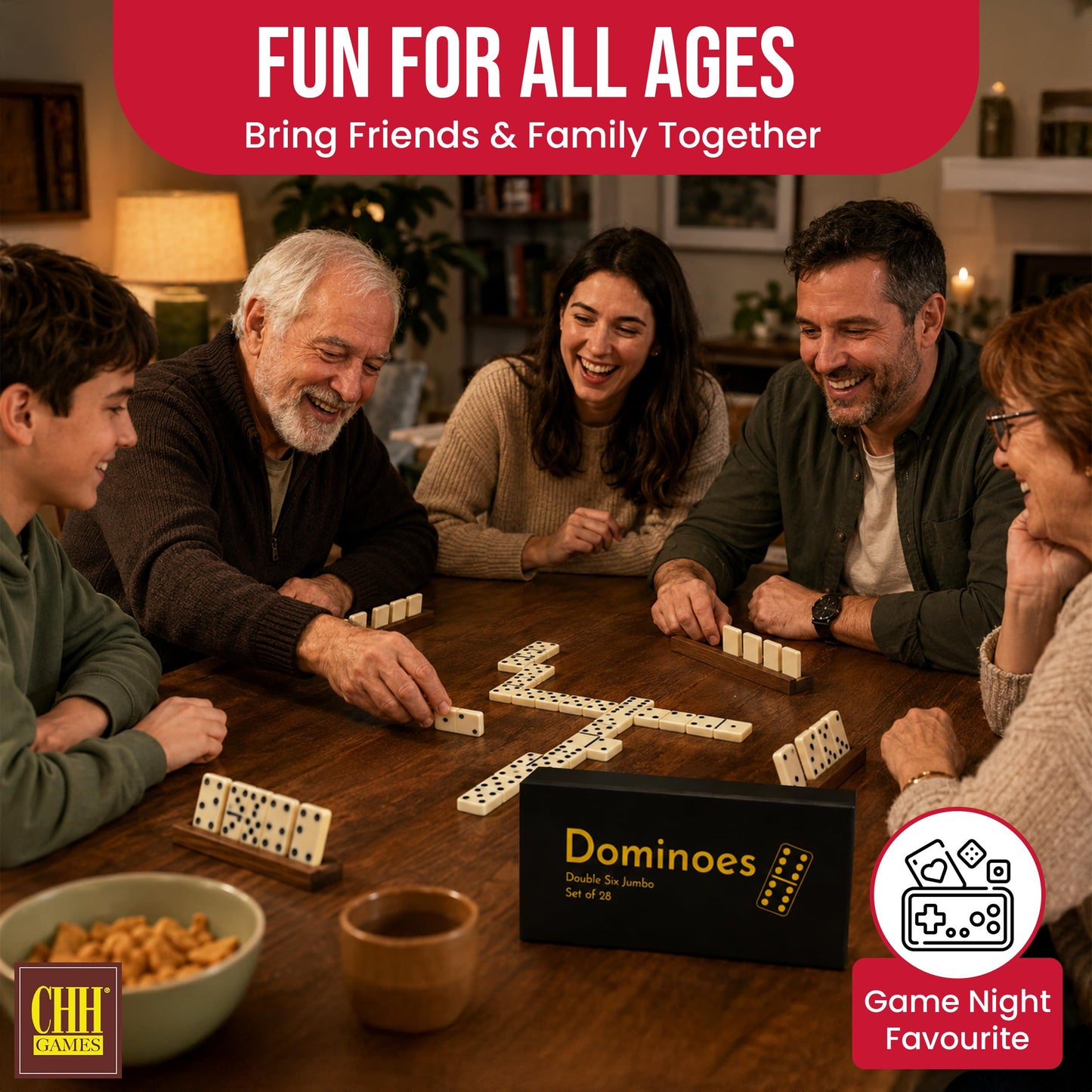 CHH Black/Cream Color Double 6 Jumbo Size Domino Tiles - Premium Set of 28 Ivory Dominoes - Classic Family Game in Cardboard Box
