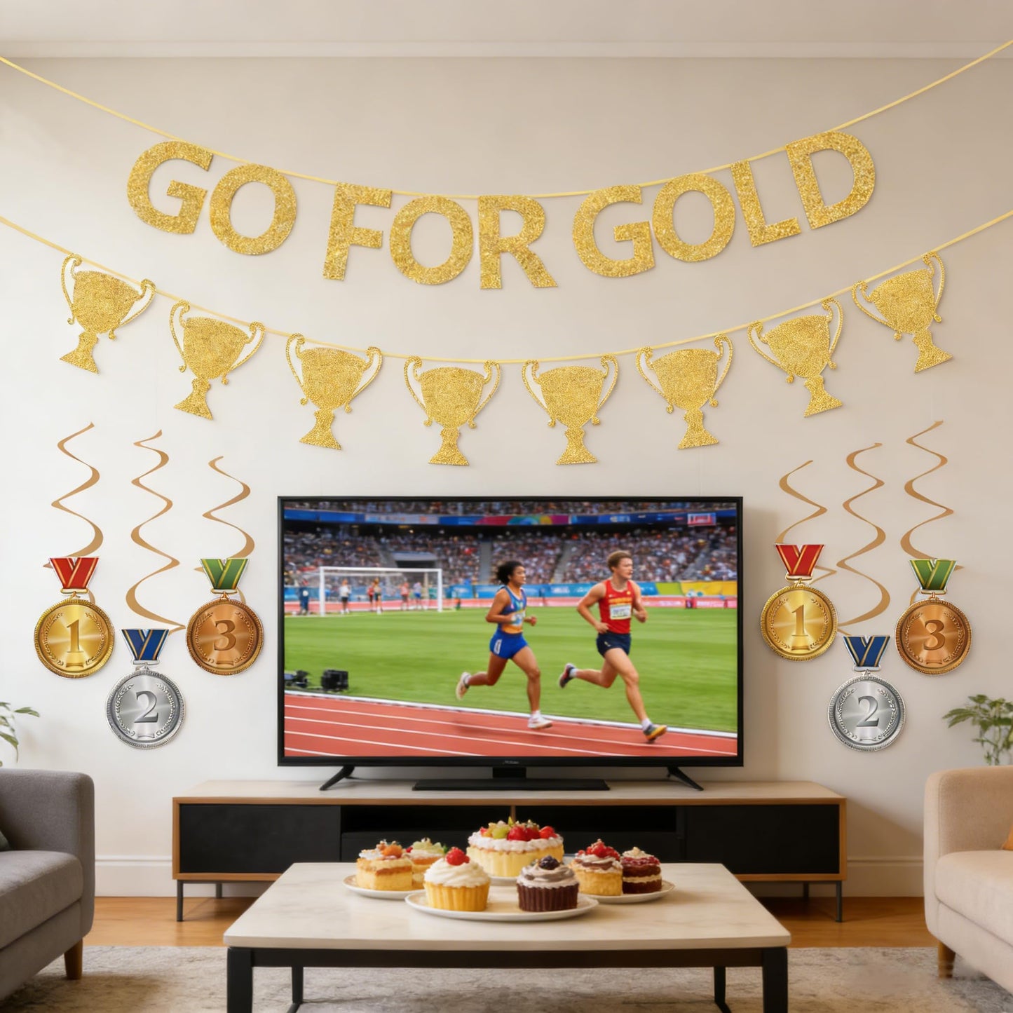 Glitter Go For Gold Banner with Paper Medal Hanging Swirls,Sports Competition Party Decorations,Olympic Sports Athlete Competition Game Party Decor