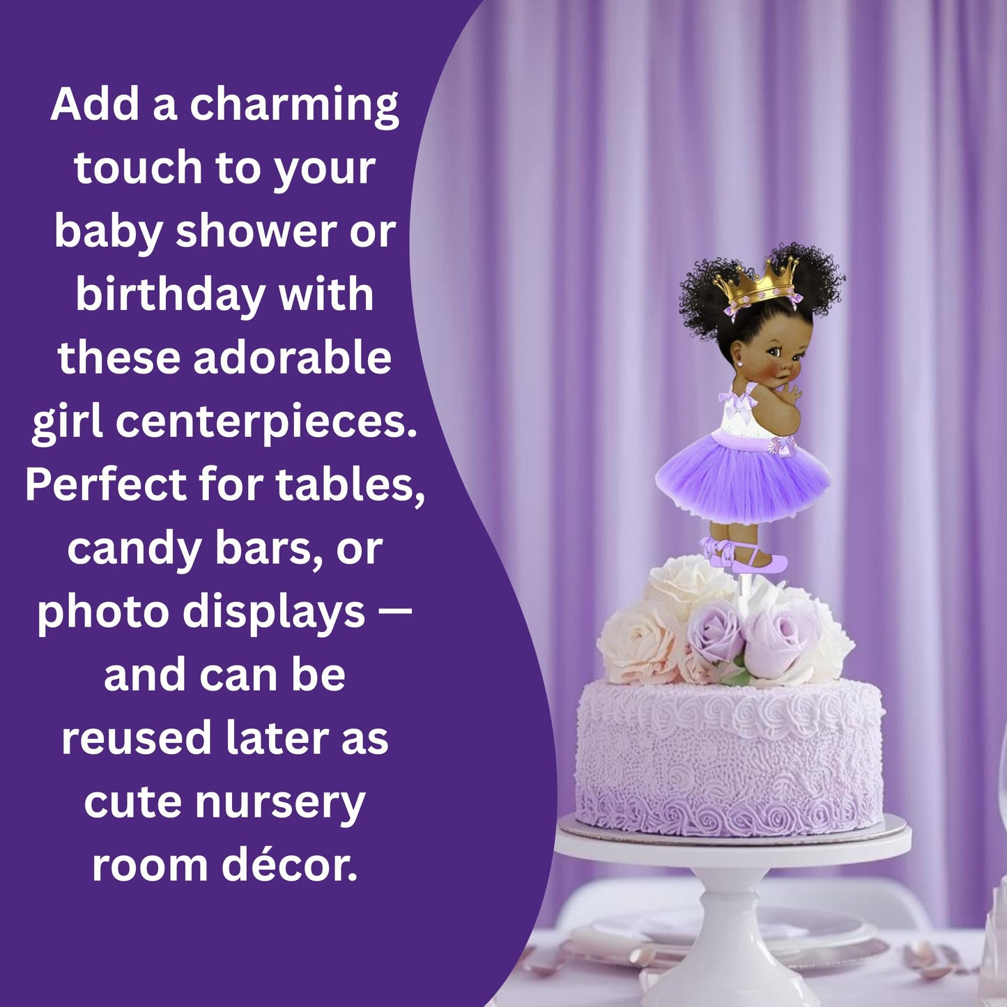Little Lavender Princess Table Decoration Centerpieces, Set of 3 African American Princess Royal Birthday Cake Centerpieces