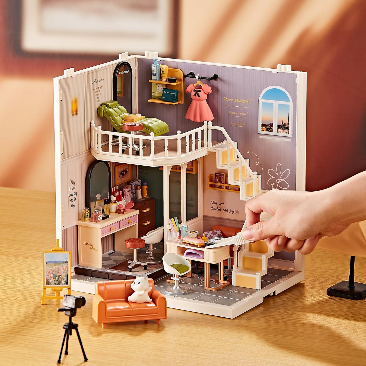 DIY Miniature House Kit Beauty Salon - 203 Piece Tiny House Dollhouse Mini Room with LED Light, Nail Art Studio & Makeup Room, Cozy Creative Craft