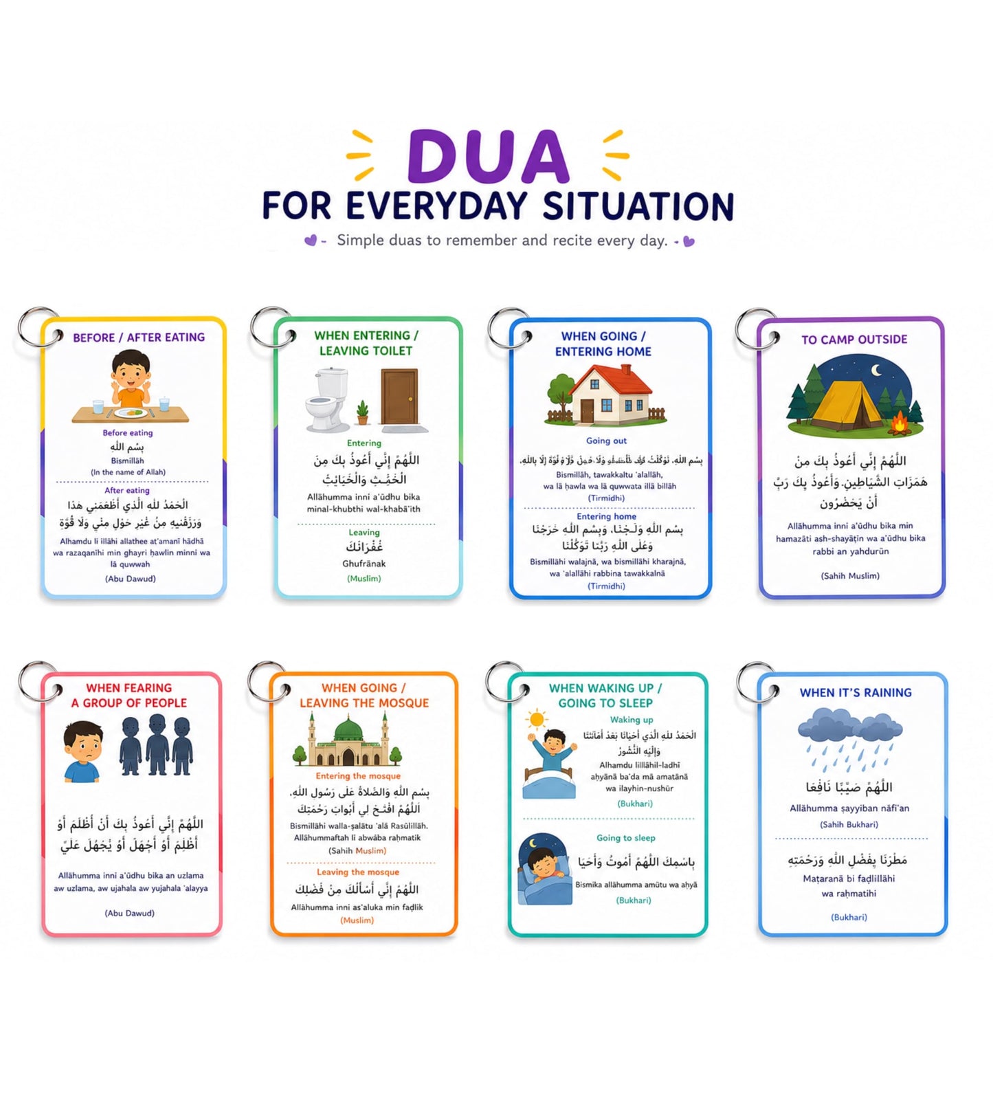 Islamic Dua Flashcards for Kids - 40+ Daily Duas Learning Cards in Arabic, Transliteration & English - Muslim Learning Cards | Islamic Educational