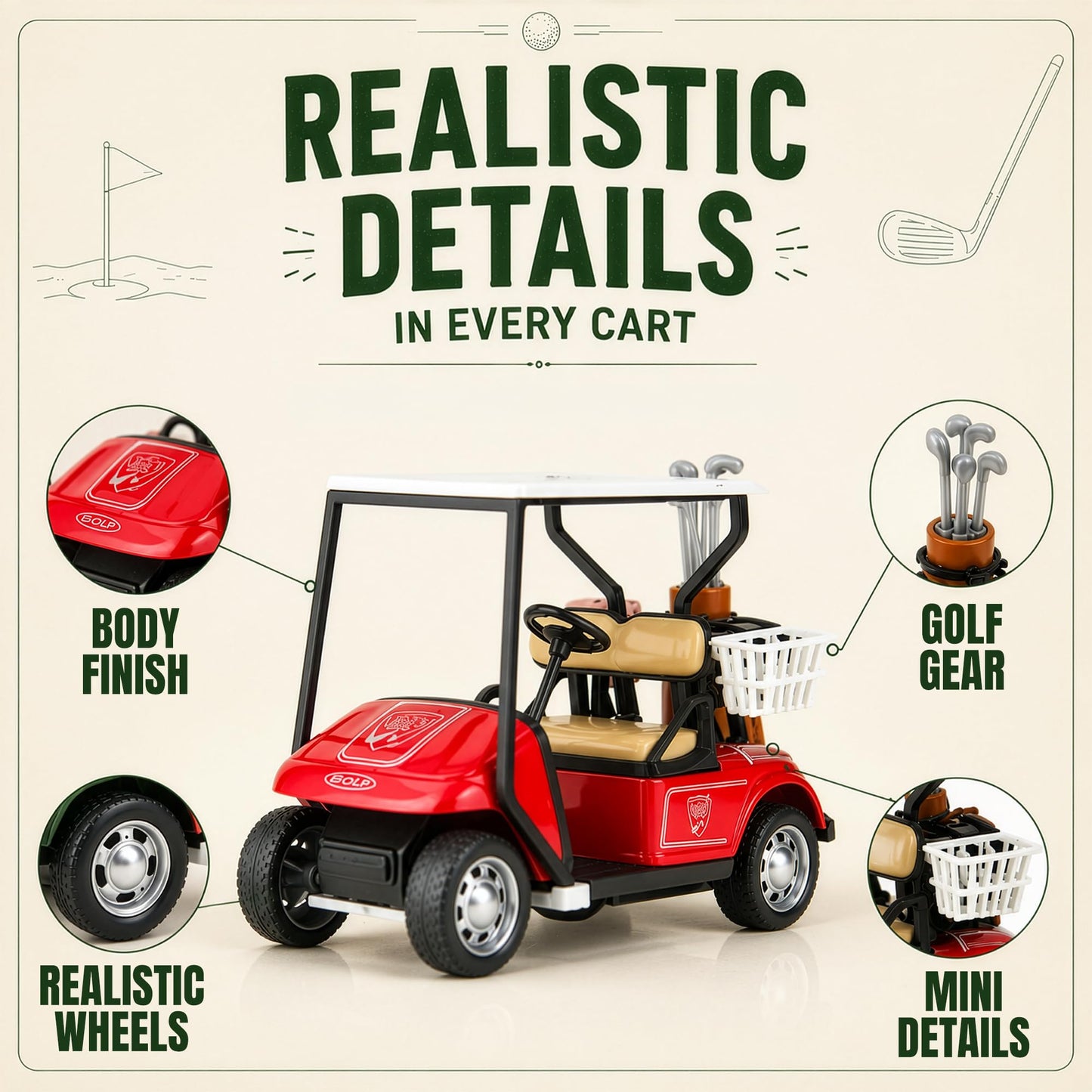 Box of 12 Mini Golf Carts Replicas, 4" Diecast Alloy Metal Pullback Action 1:32 Scale Model Toy Golfcart Vehicle for Table Golf Decor Golf Party