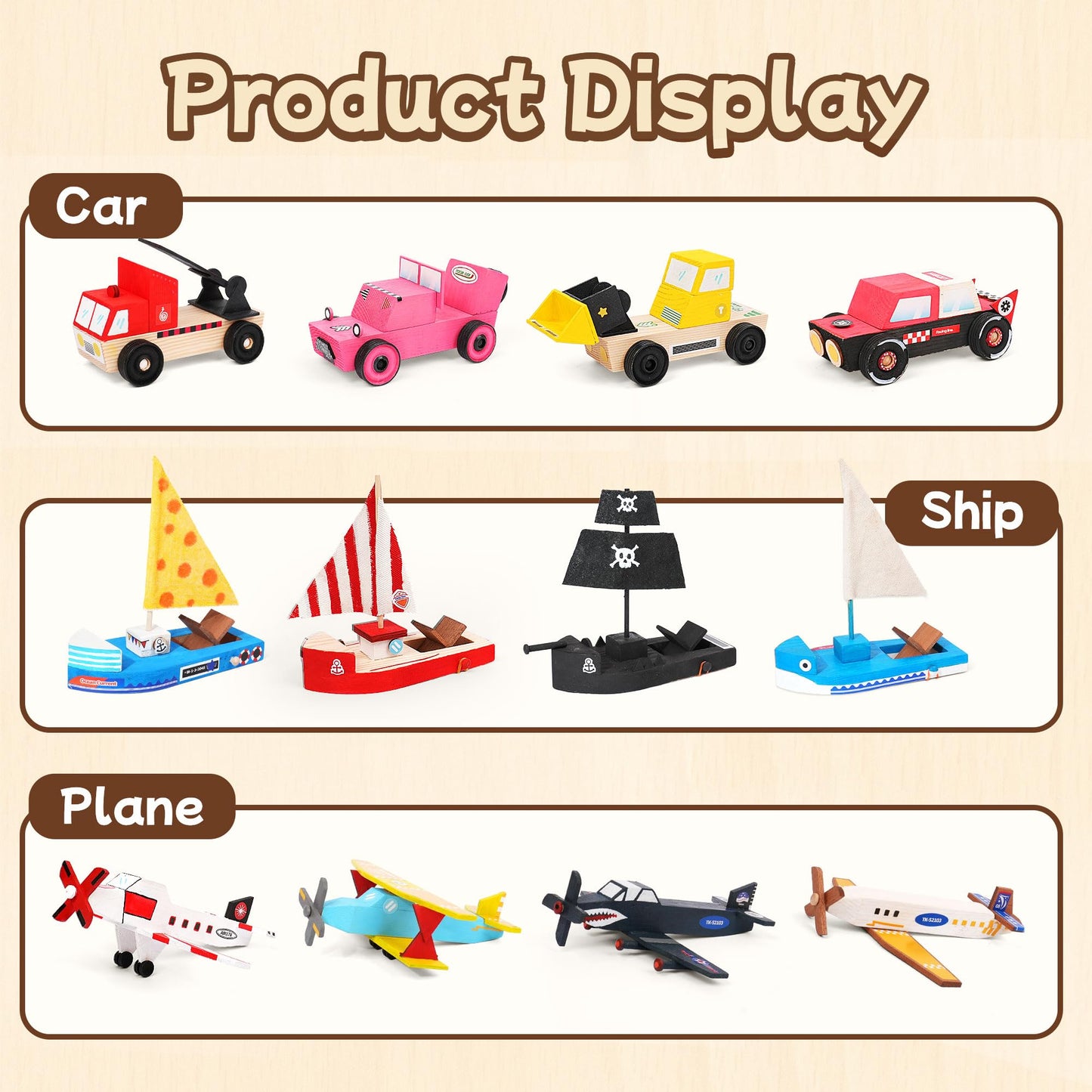 Wooden Build Paint Art Crafts Kit 3 Pack, Make Your Own Car Boat & Plane DIY Craft Toys for Kids Boys, STEM Educational Toy Set for Kids Ages 4-8