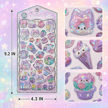 SHANGRLA Kawaii 3D Cute Puffy Stickers for Adults Teens, Small Sparkly Resin Animal Sticker for Phone Case Digital Camera Decor, Scrapbook Supplies,6
