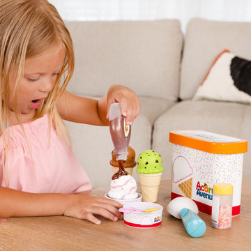 Play Food Sets for Kids Kitchen Toys, Sweet Scoops Ice Cream Playset, Pretend Dessert Set with Cones, Cups, Scooper, Toppings & Container, Toy Food